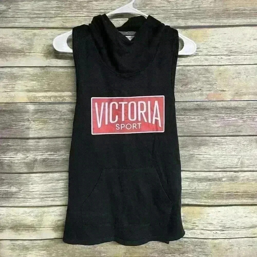 Victoria Sport Women's XS Racerback Black Red Logo Sleeveless Hoodie Tank Top